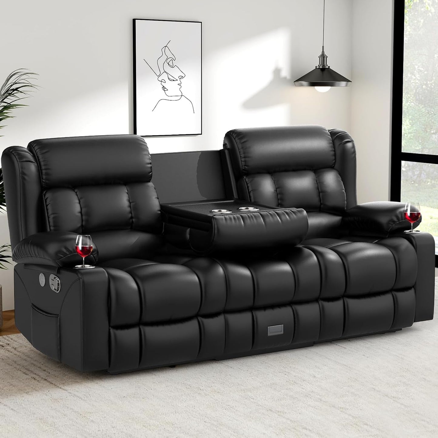 Loveseat Recliner Sofa, Flip Middle Backrest Design PU Leather 3 Seat Reclining Sofa with Storage Drawer, Manual Couch for Living Room/Rv (Black, PU)