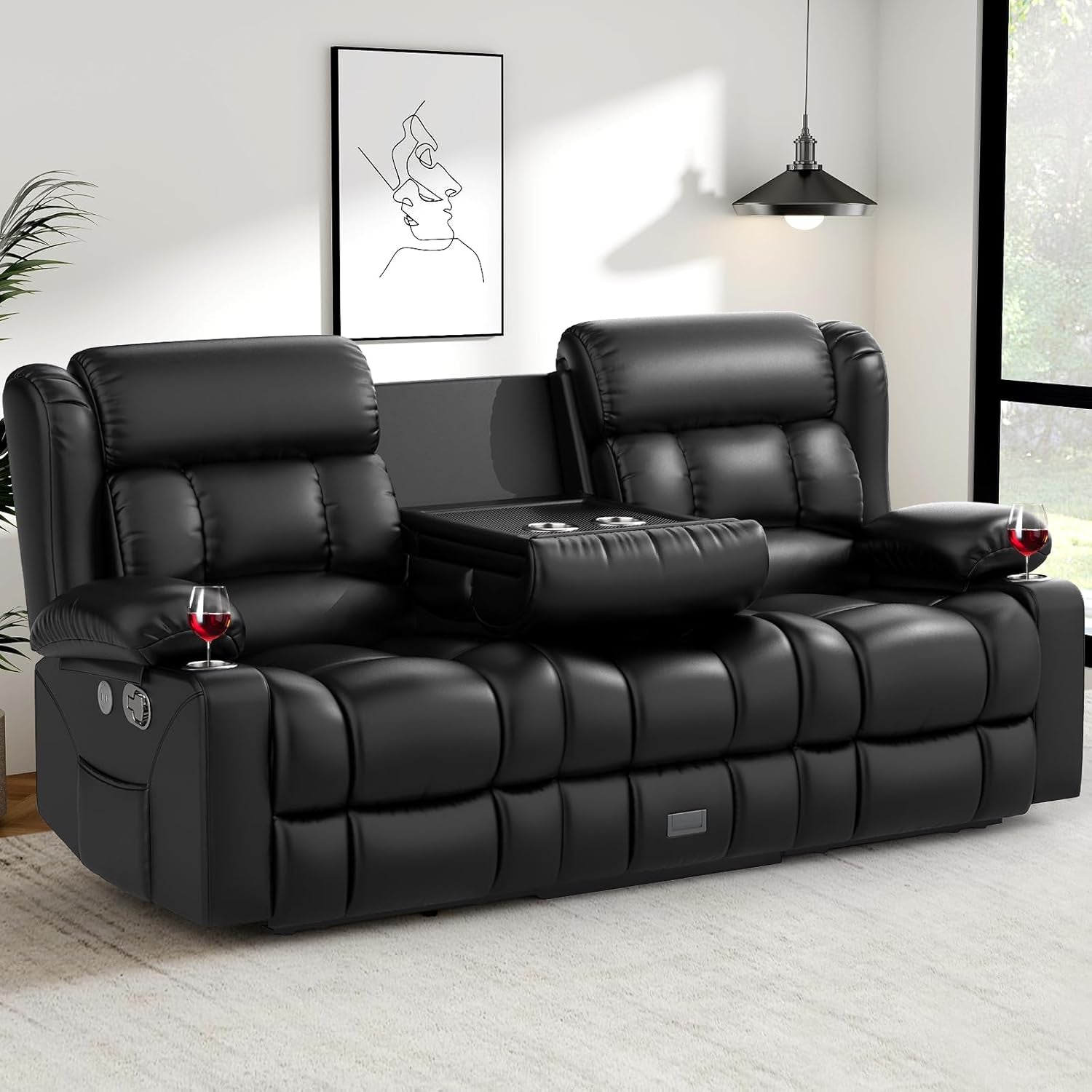 Loveseat Recliner Sofa, Flip Middle Backrest Design PU Leather 3 Seat Reclining Sofa with Storage Drawer, Manual Couch for Living Room/Rv (Black, PU)