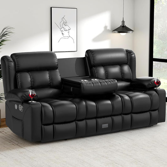 Loveseat Recliner Sofa, Flip Middle Backrest Design PU Leather 3 Seat Reclining Sofa with Storage Drawer, Manual Couch for Living Room/Rv (Black, PU)