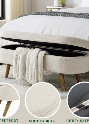 43.5-Inch Upholstered Storage Ottoman Bench with Safety Hinge, Beige Linen, Ideal for End of Bed and Entryway Seating, Supports Up to 330 lbs