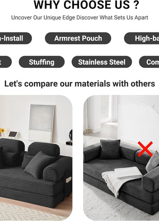 78.8" Multifunctional Convertible Sofa Bed with High Backrest & Headrest - 5-in-1 Corduroy Couch with Side Pocket, No Assembly Needed, Washable Detachable Cover, Ideal for Living Room - Elegant Black Finish