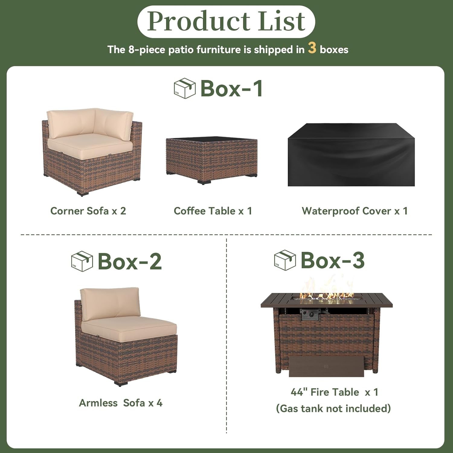 8 Piece Patio Furniture Set with 44” Fire Pit Table Wicker Rattan Outdoor Sectional Sofa Set with Coffee Table and Thickened Cushions, Beige (Waterproof Cover Included)