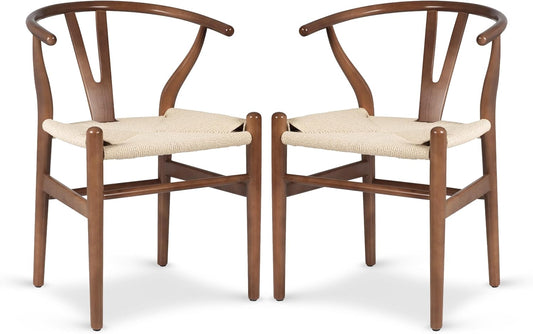 Weave Dining Chairs – Mid-Century Modern Wishbone Dining Chairs with Arms, Solid Wood Frame, Indoor Use – Walnut– Set of 2 - Ideal for Dining Room, Kitchen or Stylish Accent Setting
