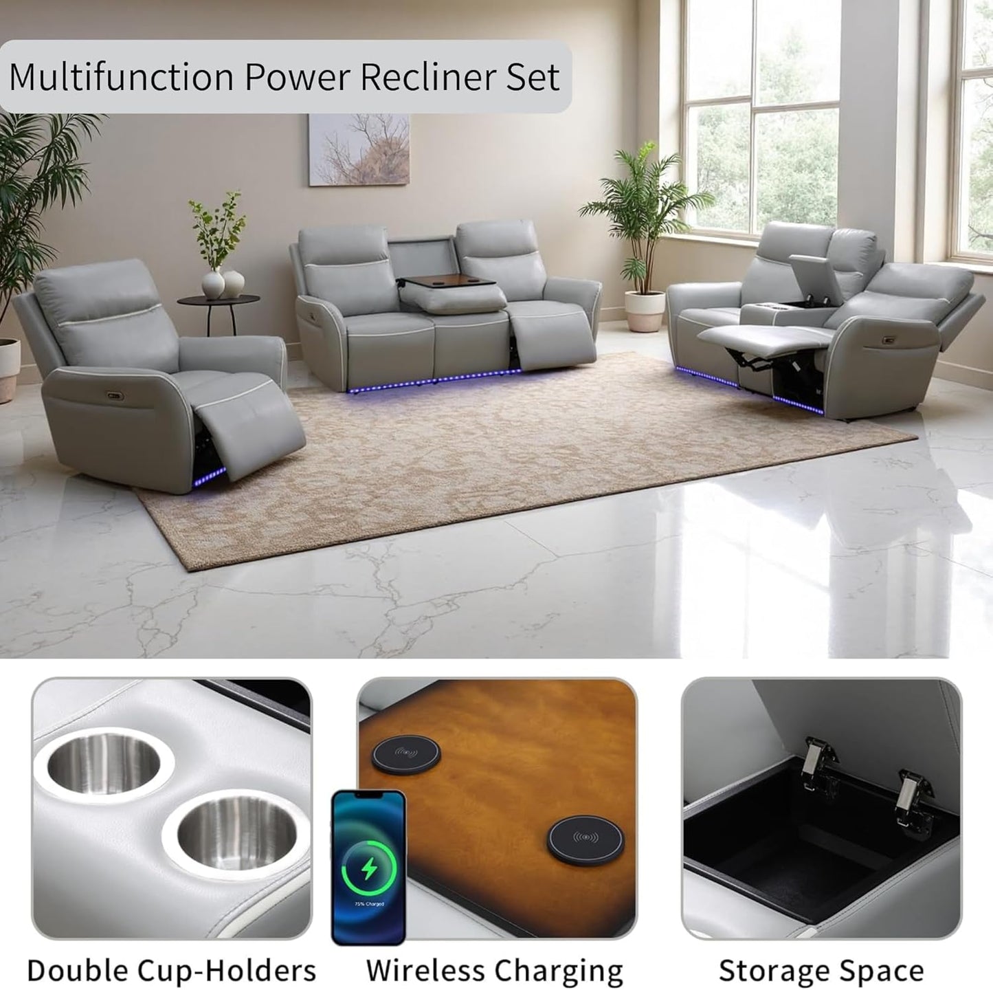 Air Leather Power Recliner Sofa Set with LED, Reclining Living Room Furniture Sets, Power Recliner Couch Set with USB Ports for House/Home Theater (Light Grey, Sofa+Loveseat+Chair)