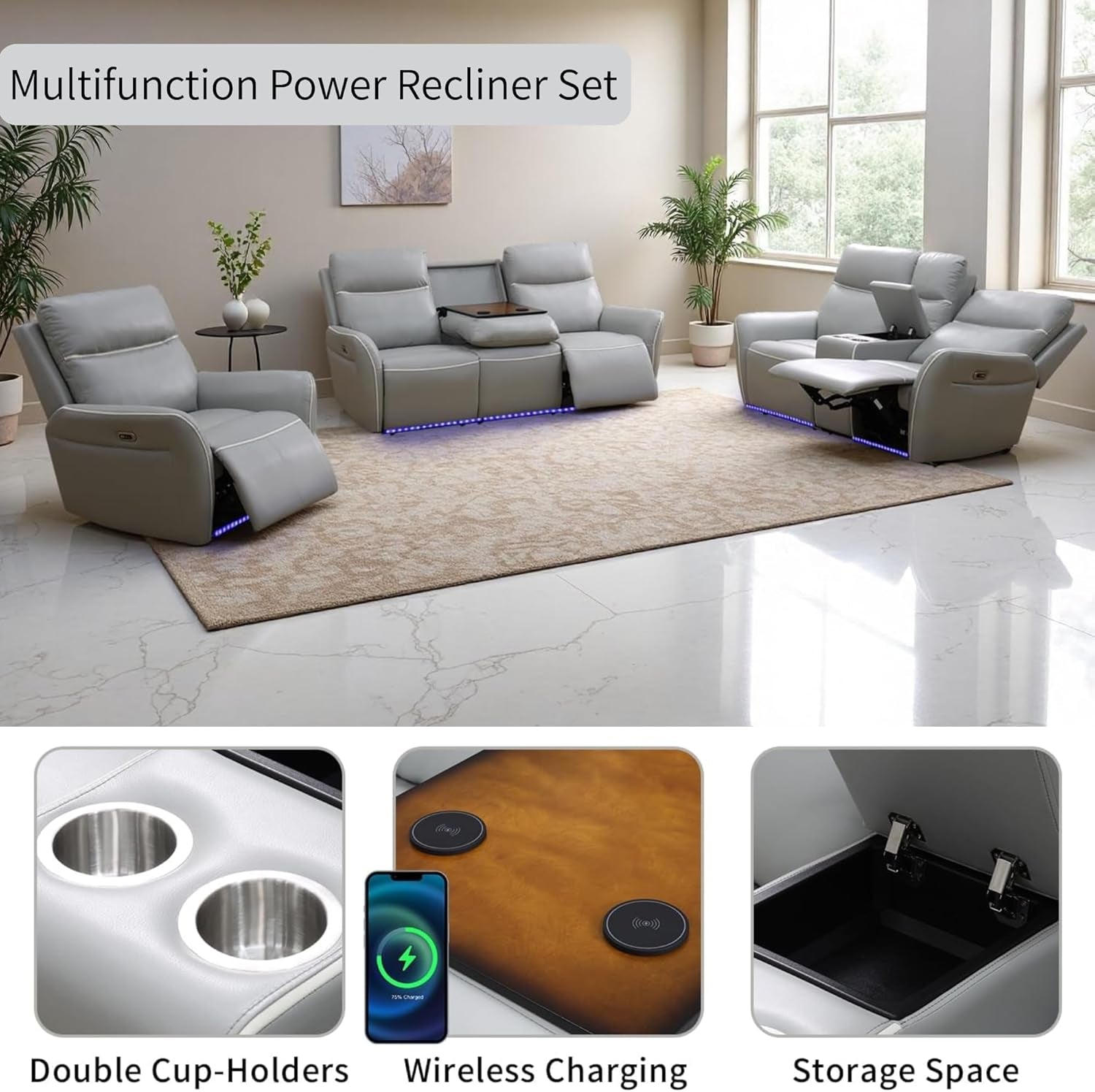 Air Leather Power Recliner Sofa Set with LED, Reclining Living Room Furniture Sets, Power Recliner Couch Set with USB Ports for House/Home Theater (Light Grey, Sofa+Loveseat+Chair)