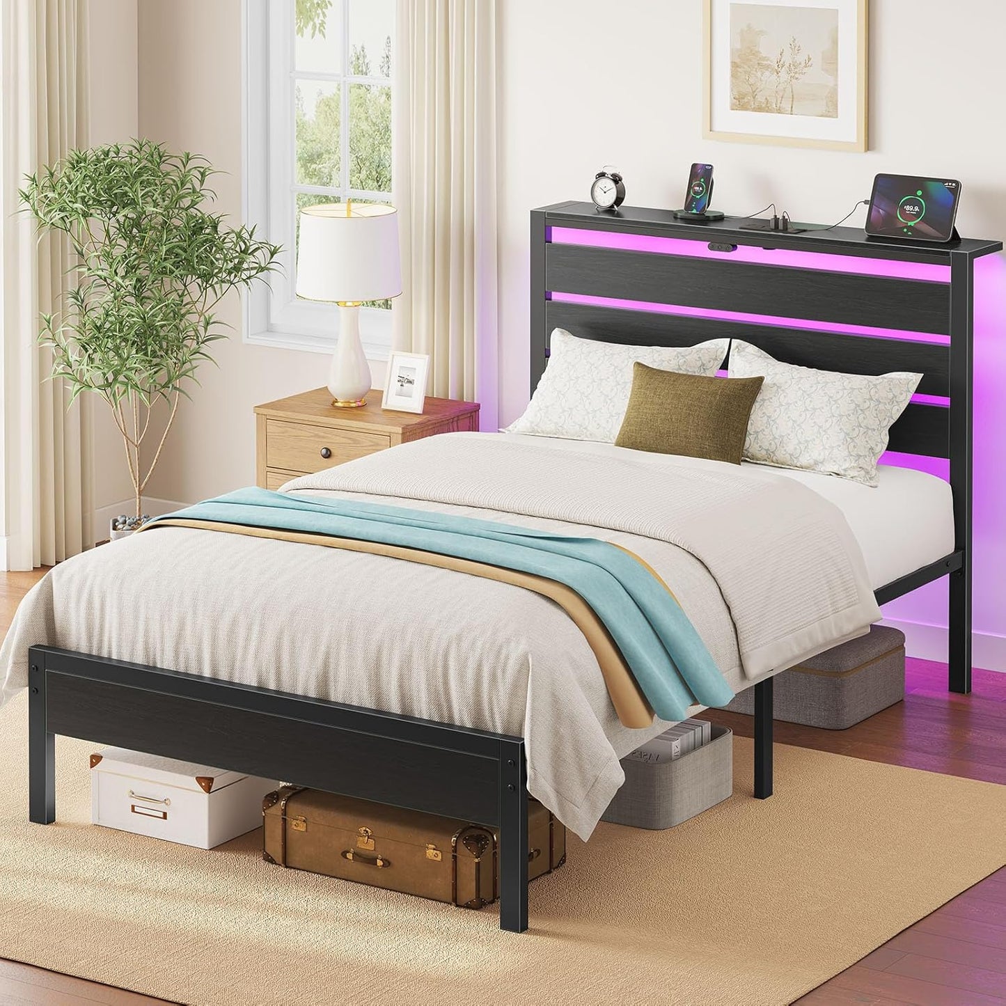 Bed Frame Twin Size with USB Charging Station, LED Bed Frame with Wood Storage Headboard, Black Metal Platform Bed with under Bed Storage, No Box Spring Needed, Noise Free
