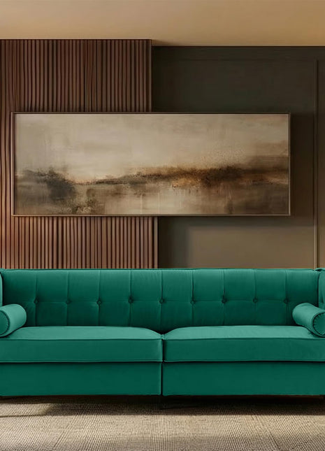 78-Inch Velvet Mid-Century Sofa with Bolster Pillows and Button Tufting for Living Room - Teal