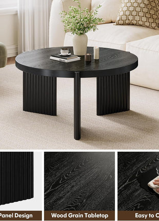 27.5" Mid-Century Modern Round Black Coffee Table with Fluted Wood Design and Ribbed Base, Perfect for Small Spaces and Easy Assembly