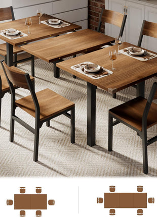 7-Piece Extendable Dining Table Set with 6 Chairs, 63" Solid Metal Frame and MDF Top, Perfect for Compact Spaces, Easy Assembly, Walnut Finish