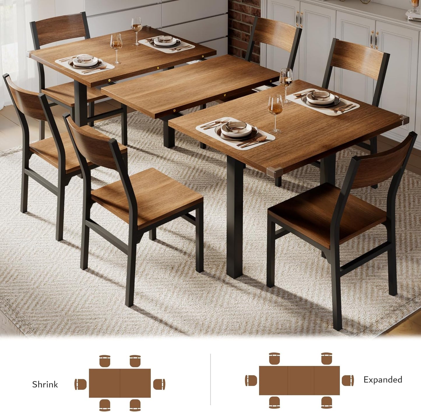 7-Piece Dining Table Set with 6 Chairs, 63" Extendable Kitchen Table & Chairs Set for 4-6, Dining Roomtable with Solid Metal Frame & MDF Board, Perfect for Small Space, Easy Assembly, Walnut
