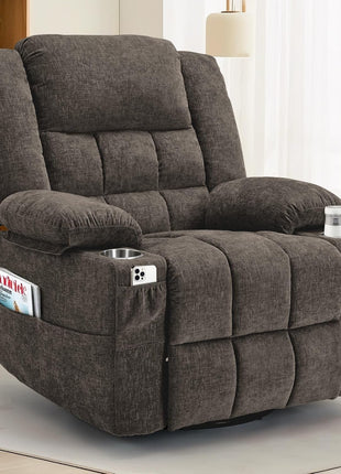 360° Swivel Rocker Recliner Chair for Adults with Massage and Heating Function, Nursery Glider Recliner Featuring Cup Holder, Manual Recliner for Living Room and Bedroom (Fabric, Dark Gray)