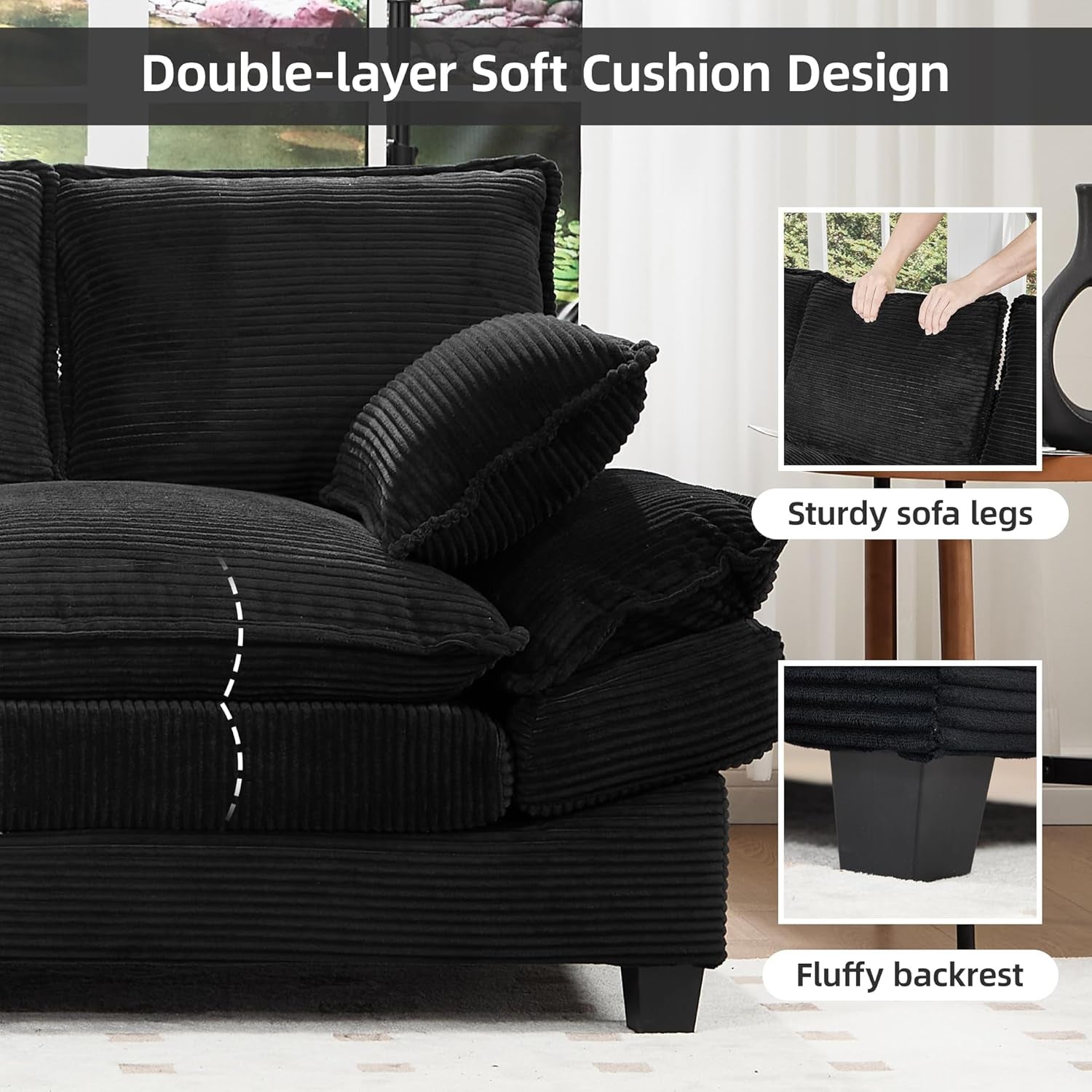 83" Loveseat Sofa, Cloud Couches for Living Room, Comfy Corduroy Couch with Deep Seat, Love Seat Couches for Bedroom, Apartment and Office, Easy Assemble for Small Space (Black)