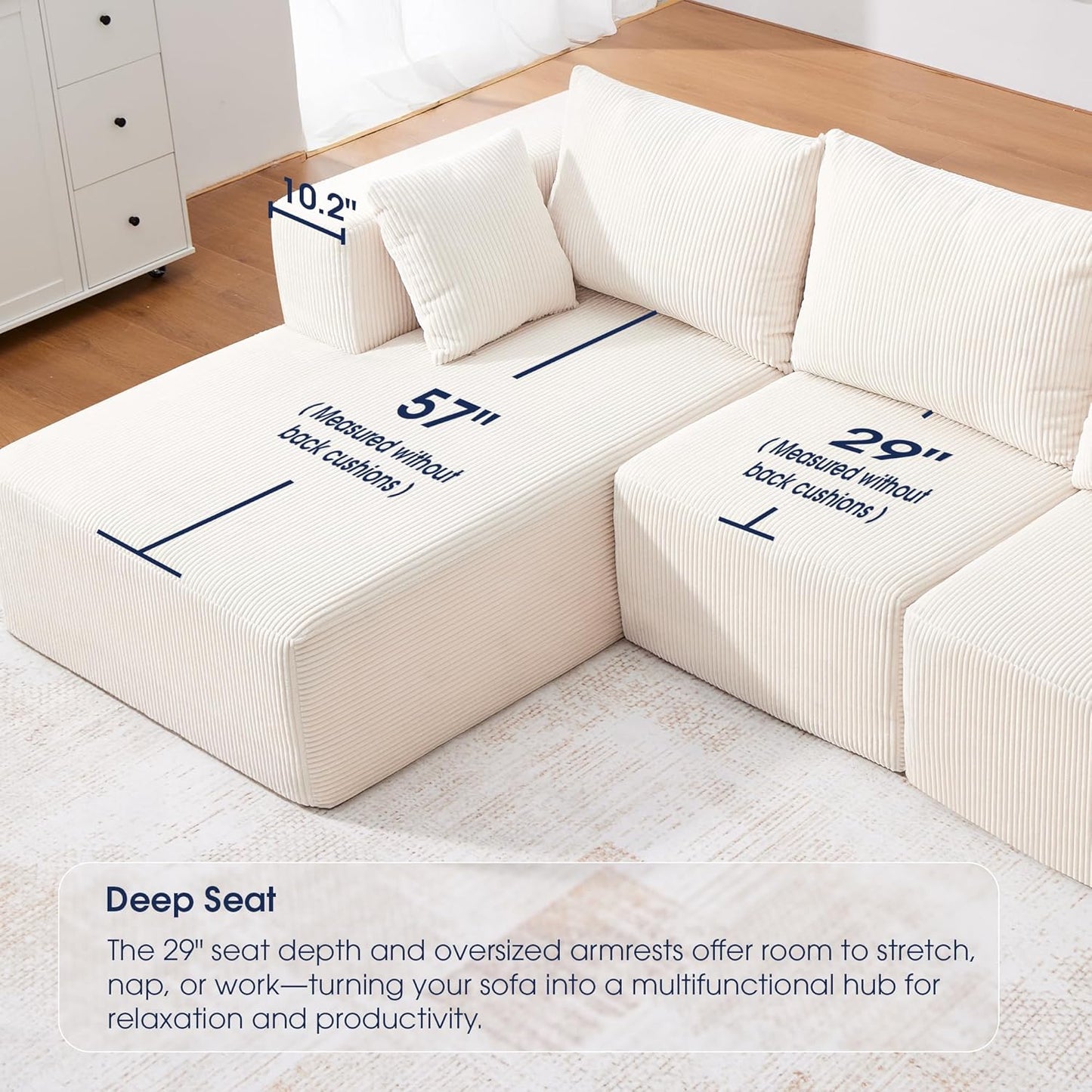 107'' Modular Sectional Sofa, L Shaped Cloud Couch for Living Room, Modern Boneless Sofa with Chaise for Bedroom, Beige