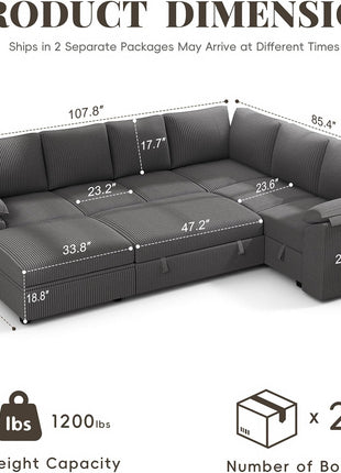 108-Inch U-Shaped Modular Sectional Sleeper Sofa Bed, 7-Seat Design with Storage, Corduroy Fabric, Removable Cover, Dark Grey