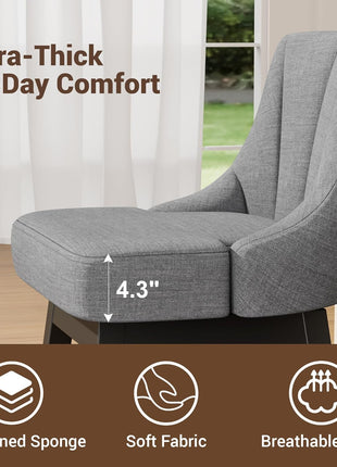 Set of 2 Modern Upholstered Linen Fabric Swivel Bar Stools, 26-Inch Counter Height with Backs, Solid Wood Legs in Dark Gray for Kitchen Island and Dining Room