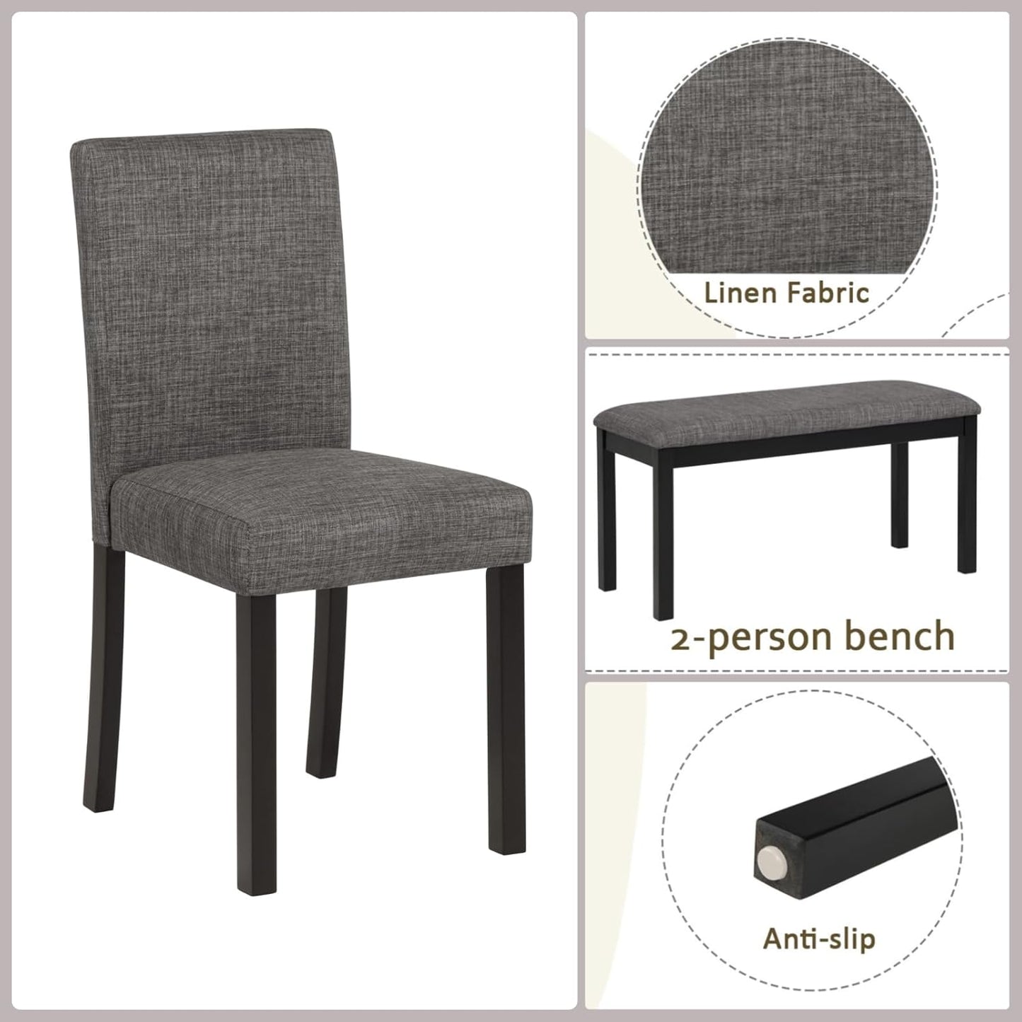 Dining Table Set for 5, Modern 6 Piece Dining Room Table Set with Rectangular Table 4 Upholstered Backrest Chairs and a Bench, Counter Height Kitchen Sets with Wood Grain Surface, Black