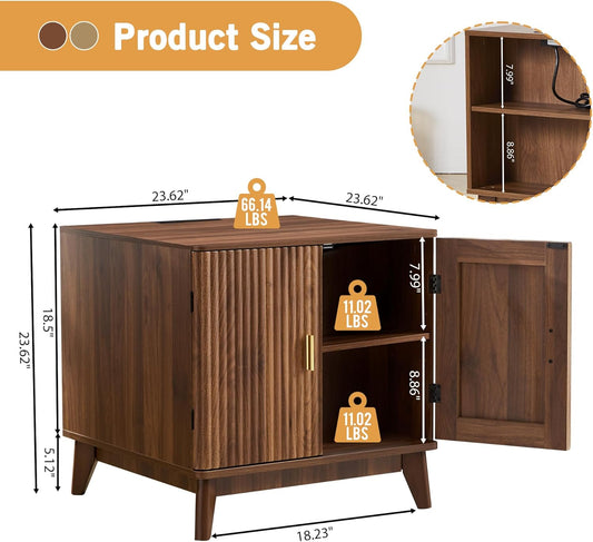 Fluted End Table with Charging Station, 2 Door Side Table with Storage, Mid Century Modern Nightstand for Bedroom Bedside, Living Room Couch Sofa, Office, Desk Side Table for Small Spaces-Walnut