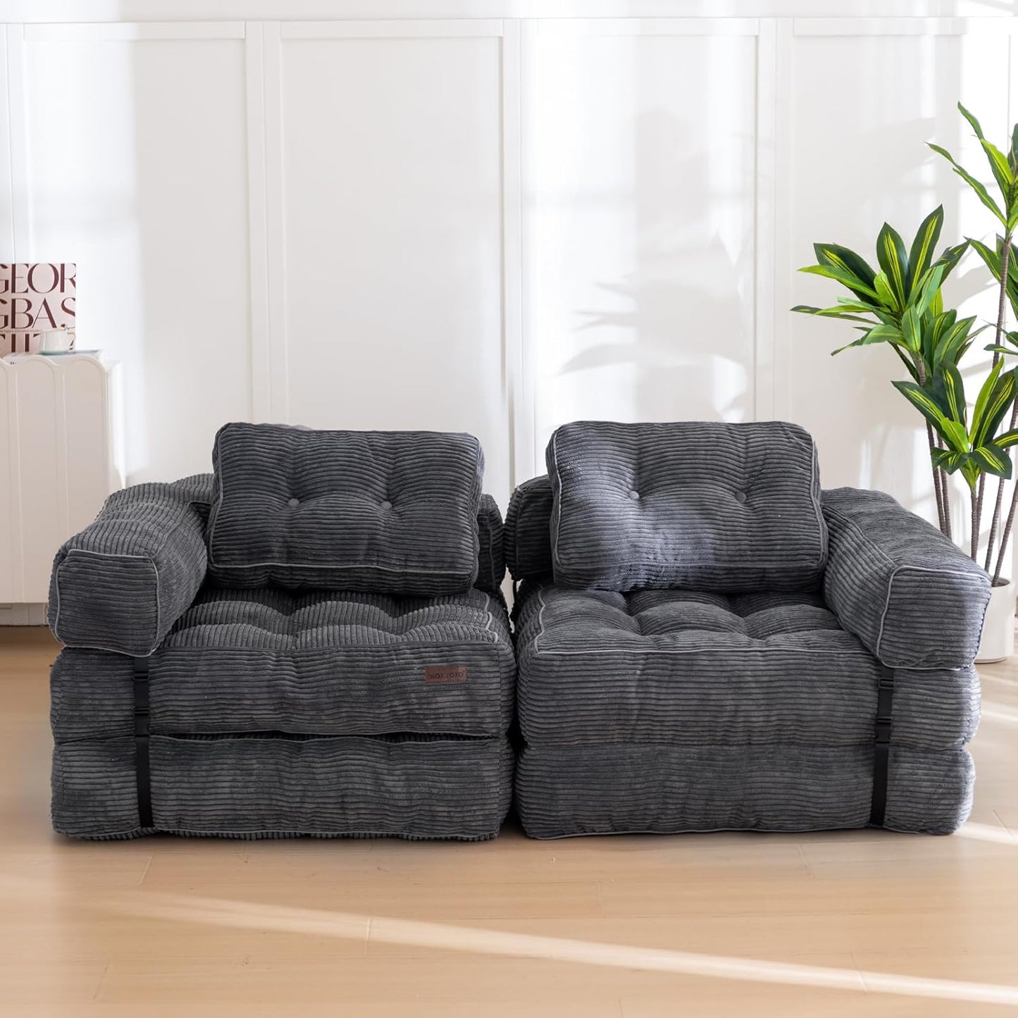 Folding Sofa Bed, L-Shaped Convertible Sofa Bed with Armrest Foldable Sleeper Sofa with Pillow, Portable Fold Out Chair Bed Comfy Floor Lounge for Living Room Bedroom, Dark Grey