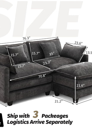 76-Inch Deep Seat Loveseat Sofa, Upholstered Chenille 3-Seat Modular Sectional Couch with Movable Ottoman, Contemporary Comfortable Settee for Living Room and Small Apartments, Dark Grey