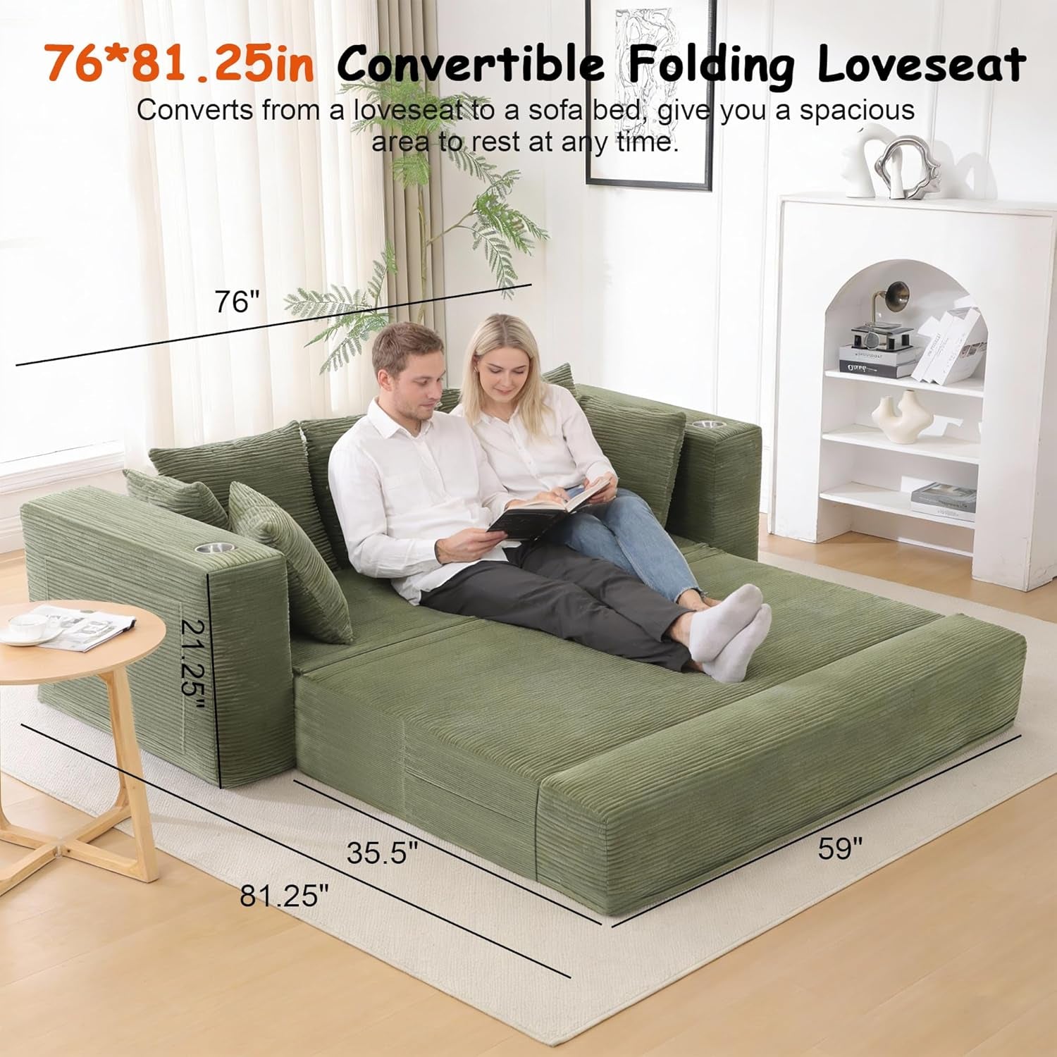 76" Convertible Sofa Bed, 2-In-1 Boneless Sleeper Sofa with Cup Holder & Pocket, Corduroy Pull Out Couch with 5 Pillows, Couch Bed for Living Room, Small Spaces, Bedroom, No Assembly