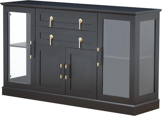 58.2'' Modern Sideboard Buffet Cabinet with Storage, Accent Coffee Bar Cabinet with 2 Glass Doors,Sideboard Credenza with Two Drawers and Adjustable Shelves,Black