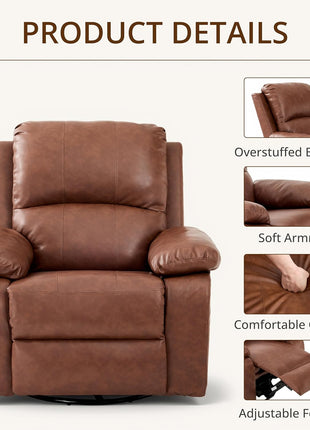 360° Swivel Rocking Leather Recliner Chair for Adults - Overstuffed Manual Recliner with Spring Cushion, Nursery Glider Sofa with Side Pockets in Camel