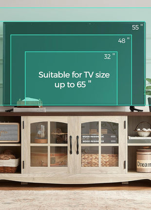 Farmhouse-Style TV Stand for 65-Inch Televisions, Wooden Entertainment Center with Glass Door Storage and Adjustable Shelves, Sturdy TV Console for Living Room and Bedroom