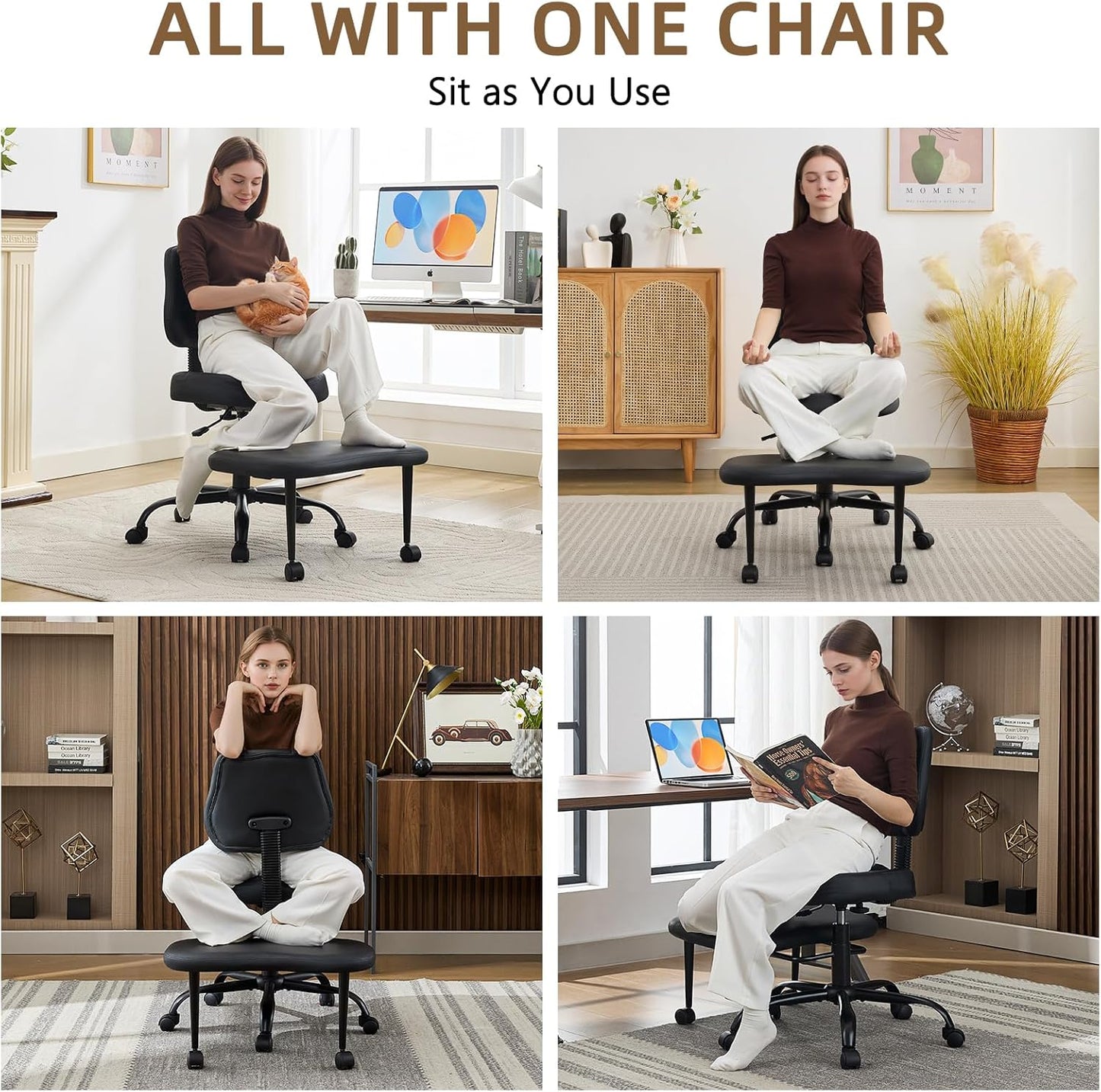 Ergonomic Cross Legged Office Chair, Criss Cross Chair with Wheels, 360°Swivel ADHD Meditation Kneeling Yoga Seat with Adjustable Height, Ergonomic Back Support and Leg Rest, Leather (Black)