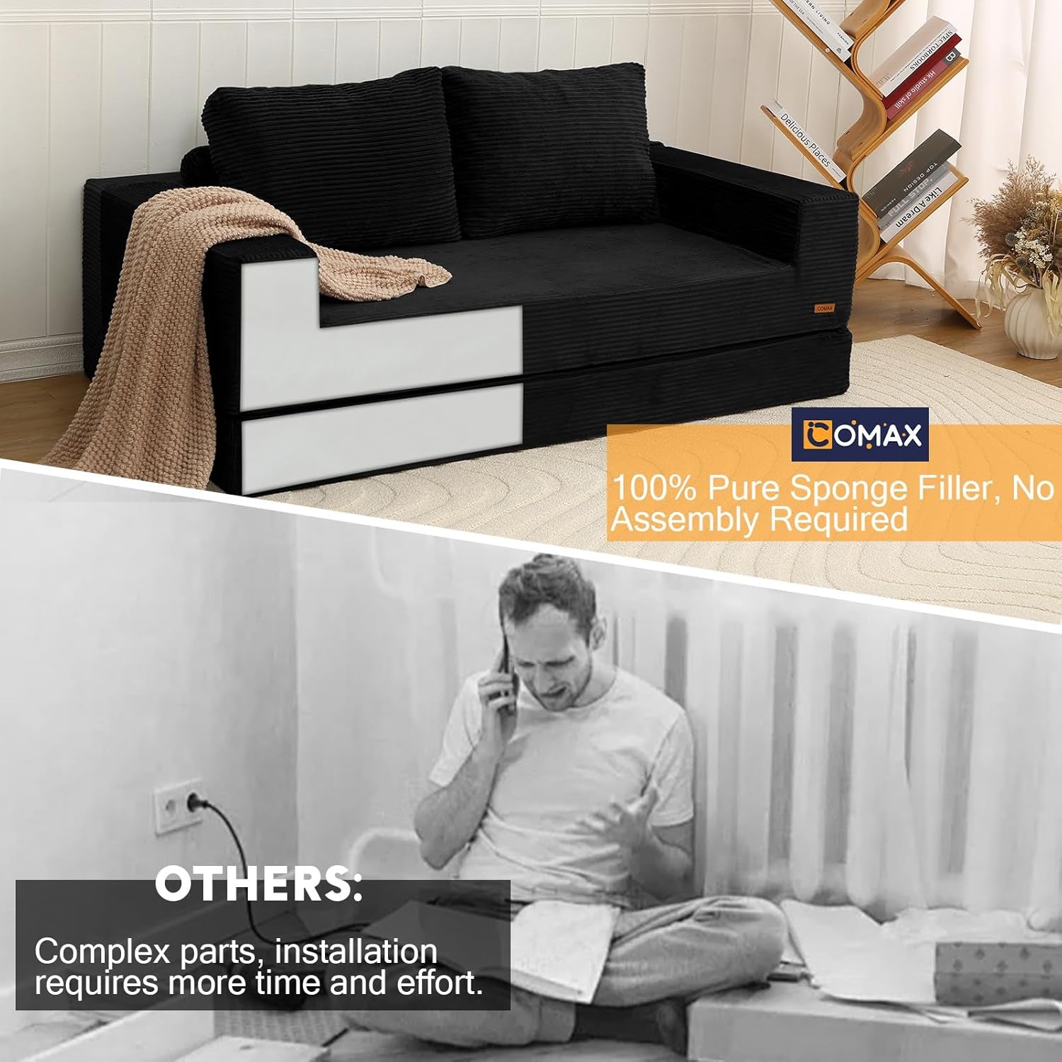 Convertible Sofa Bed Queen, Corduroy Folding Floor Couch Pull Out Couch Bed Futon Sleeper with Pillows, Fold Out Boneless Sofa Comfy Lounge Mattress Loveseat for Living Room Bedroom, Black