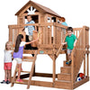 Scenic Heights Elevated Cedar Wooden Kids Playhouse with Play Kitchen, Wrap-Around Deck, Toy Storage Bench, Saloon-Style Doors, Ladder, Stairs, and Growth Chart for Outdoor Play