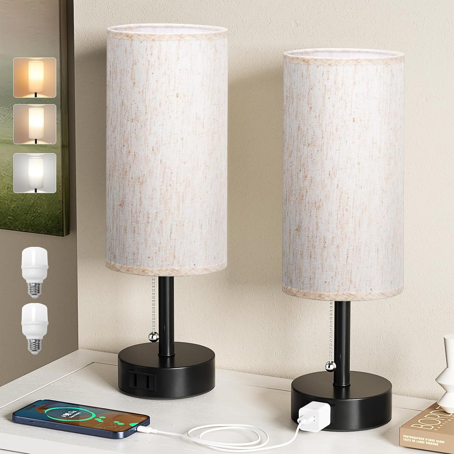 Bedside Table Lamps Set of 2-3 Color Temperatures Pull Chain Lamp with AC Outlet Charging Port, Small round Night Stand Lamps for Bedroom Guest Room Office, Bed Side Light with E26 LED Bulbs