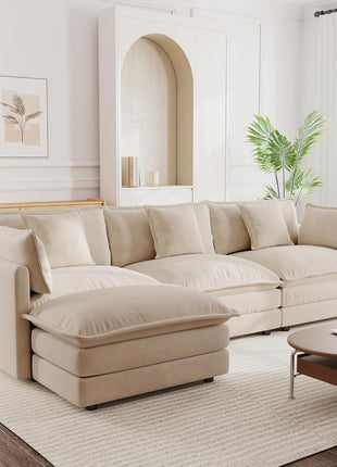 111.5" Modular Sectional Sofa - L-Shaped 3-Seater with Movable Ottoman in Light Coffee Finish