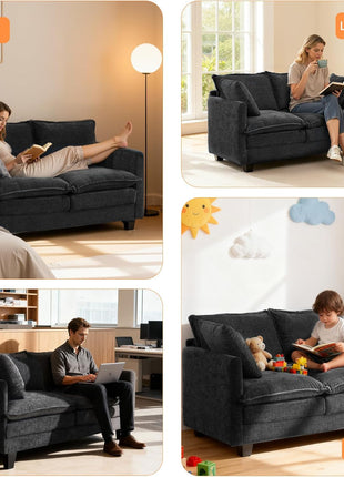 Modern 50" Loveseat Sofa - Cloud Design with 27" Deep Seat and Two Pillows for Small Spaces, Perfect for Apartments, Studios, Offices, Bedrooms, and Living Rooms - Model 8834-BLACK-1