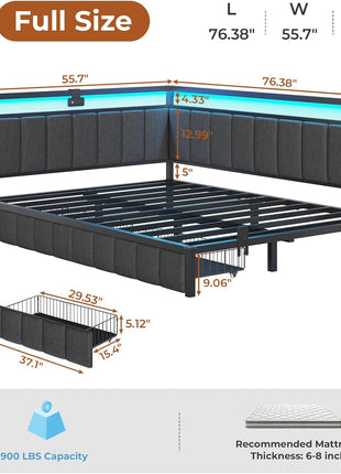 Full Size Corner Bed Frame with Two Storage Drawers and Integrated Charging Station, Upholstered Guardrail, LED Lights, and Gray Finish, Ideal for Teens and Adults