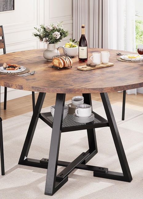 47-Inch Vintage Round Dining Table for Four with Space-Saving Pedestal Design for Kitchen and Dining Room