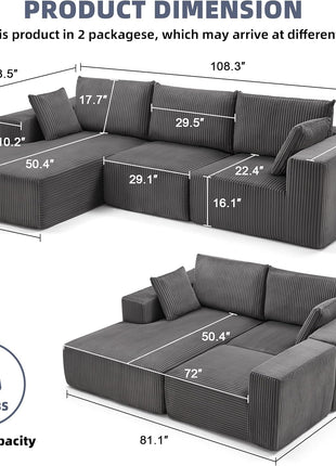 108-Inch Modular Sectional Sofa - Modern L-Shaped Cloud Couch with Deep Seat and Left-Facing Chaise, Upholstered for Living Room or Bedroom (Grey)