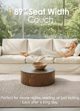 89-Inch Three-Seat Sofa for Living Room, Deep-Seated Comfortable Couch with Removable Linen Slipcover, Modern Farmhouse Style with Rolled Arms and High Back Support, Cream White