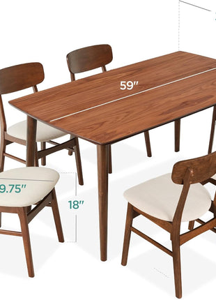 7-Piece Mid-Century Modern Wooden Dining Set with Upholstered Chairs and Rounded Table Corners in Walnut and Cream