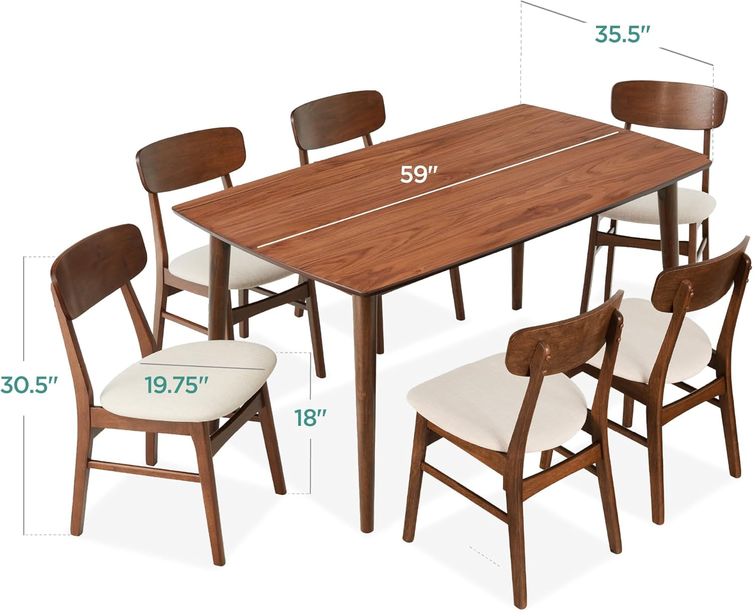 7-Piece Wooden Dining Room Table Set, Mid-Century Modern, Kitchen Table W/ 6 Chairs, Upholstered Cushions, Curved Backrests, Rounded Table Corners - Walnut/Cream
