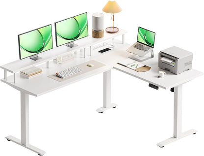 Electric L-Shaped Standing Desk, 59 Inch Height Adjustable Office Desk with Monitor Stand, Sit-Stand Desk with Power Outlets, Large Lift Table for Home, Office, Workstation, White