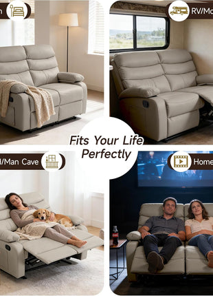 Beige Reclining Loveseat - Anti-Scratch Leather Double Recliner Sofa with Side Pocket for Living Room, RV, and Home Theater