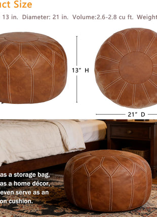 Handcrafted Moroccan Faux Leather Pouf Ottoman with Storage - Versatile Bohemian Chic Footrest for Living Room, Bedroom, and Patio - Round Ethnic Floor Cushion and Decorative Accent in Brown
