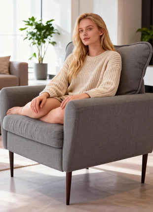 Upholstered Mid-Century Accent Chair for Living Room, Bedroom, and Waiting Areas with Pillow and Solid Wood Legs, Modern Wide Single Lounge Sofa (Gray)