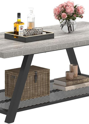 Rustic Industrial Coffee Table with Storage, Modern 47-Inch Rectangle Design in Light Grey for Living Room
