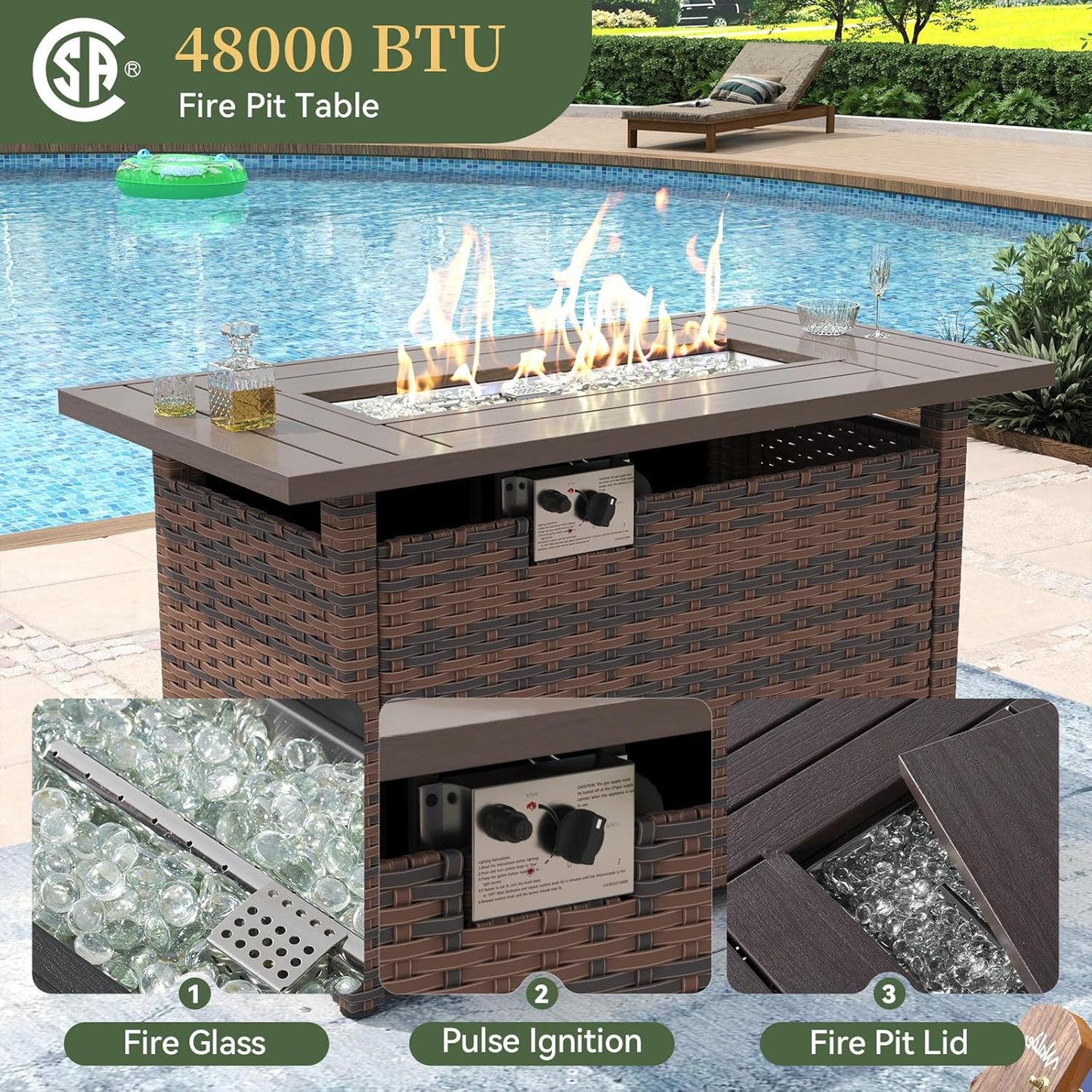 8 Piece Patio Furniture Set with 44” Fire Pit Table Wicker Rattan Outdoor Sectional Sofa Set with Coffee Table and Thickened Cushions, Beige (Waterproof Cover Included)