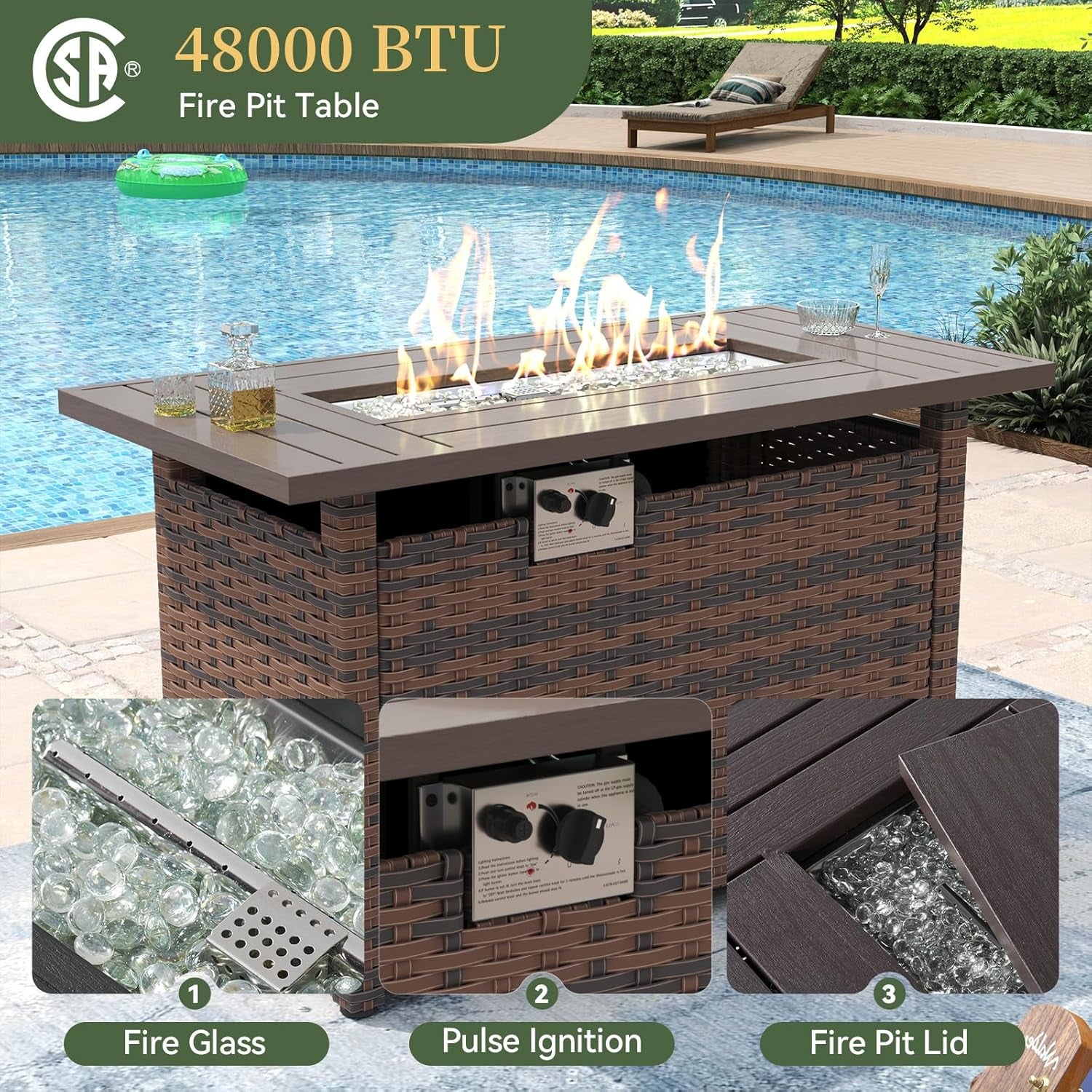 8 Piece Patio Furniture Set with 44” Fire Pit Table Wicker Rattan Outdoor Sectional Sofa Set with Coffee Table and Thickened Cushions, Beige (Waterproof Cover Included)