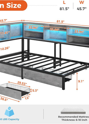 Twin Corner Bed Frame with Bookcase Storage Headboard and LED Lighting, Metal Platform Design with Drawers and Charging Station, Ideal for Kids and Teens, Oak Gray Finish