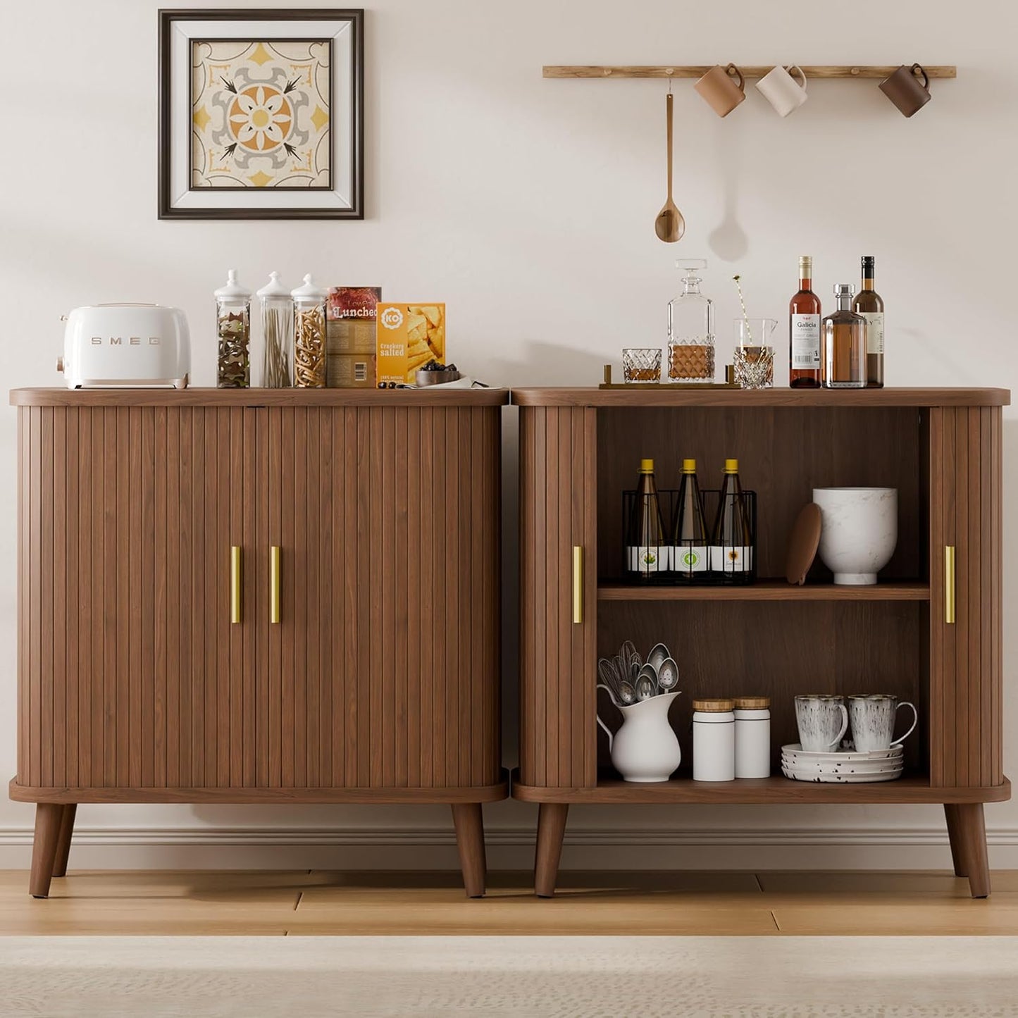 Walnut Buffet Cabinet, Sideboard Buffet Storage Cabinet with Rolling & Sliding Doors, Modern Bar Cabinet for Kitchen & Dining Room