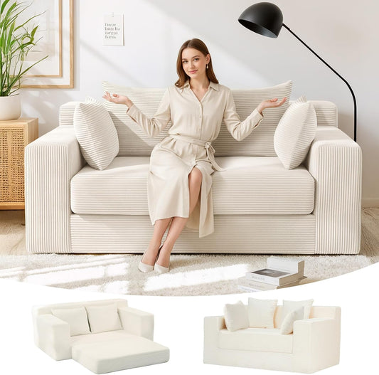Boneless Loveseat Sleeper Sofa Bed, 3-In-1 Convertible Sofa Bed and Floor Futon with 4 Pillows, 55" Beige Boneless Couch for Living Room, Guest Room, Small Space, No Assembly Required, Corduroy