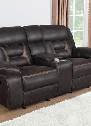 Greer Faux Leather Upholstered Motion Reclining Loveseat with Console, Lift-Top Storage, and Built-In Cupholders for Living Room and Home Theater, Brown